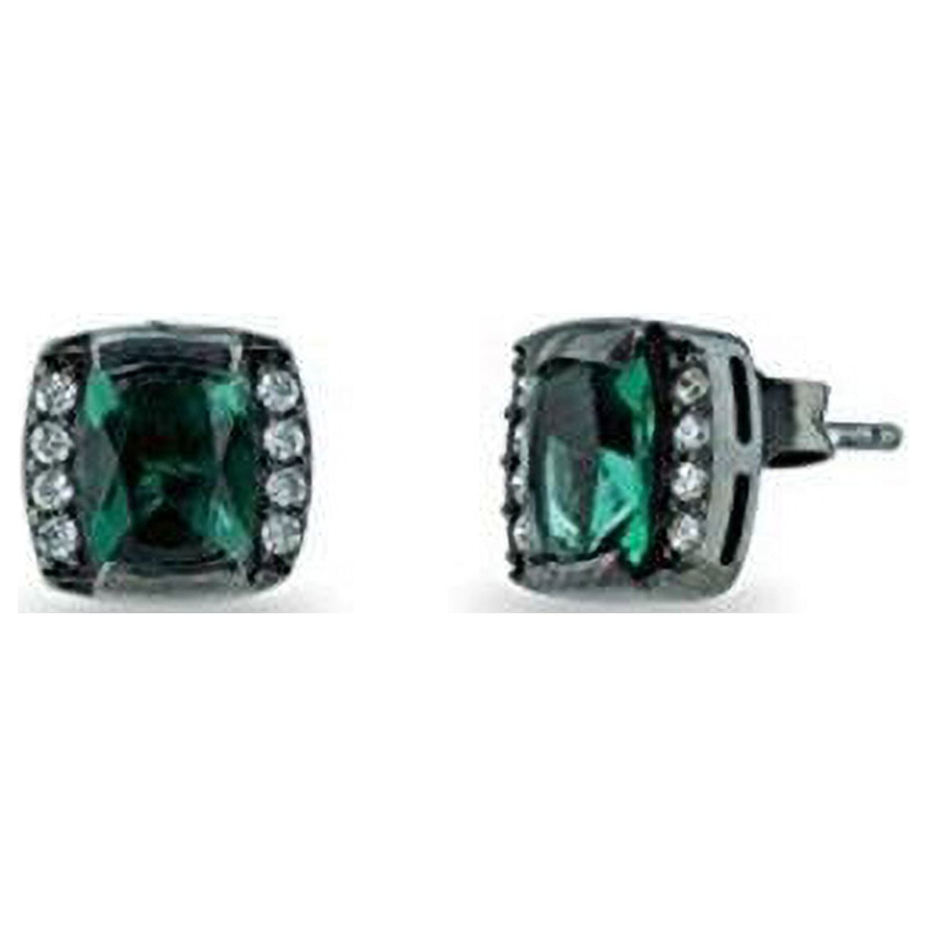 6 Mm X 4 Mm Silver Black Rhodium Plated Emerald Cut Cubic Zirconia Stud Earrings, Green