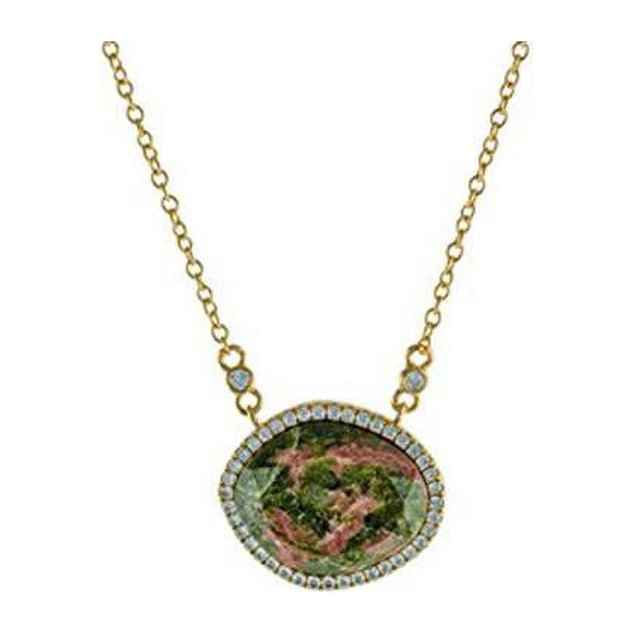 16 In. Plus 2 In. Silver Gold Plated Unakite Slice With Cubic Zirconia Around Necklace