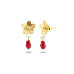 Gold Flower Earrings Sterling Silver - Red Coral