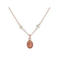 14.5 In. Plus 2 In. Extension Girls Rose Gold Plated Sterling Silver Religious Madona Pendant & Mini Pearls Necklace, Pink