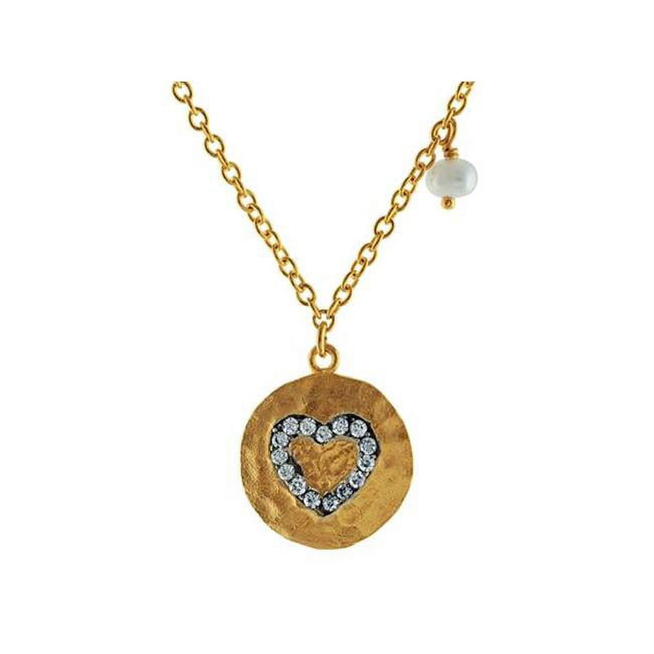 16 In. Plus 2 In. Extension Silver Gold Plated Hammer Look 15 Mm Disc Cubic Zirconia Silouette Plating Enbossed Heart & Pearl Necklace -black