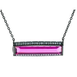 16 In. Plus 2 In. Extension Silver Black Rhodium Horizontal Long Prisma Cubic Zirconia Bar Necklace & Pave Frame - Red