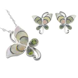 85a108 Vintage Butterfly Mother Of Pearl Earring & Pendant Set In 925 Sterling Silver - Cubic Zirconias