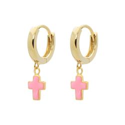 215369p Mini Huggie Girls Earrings With Pink Enamel Cross In Vermeil