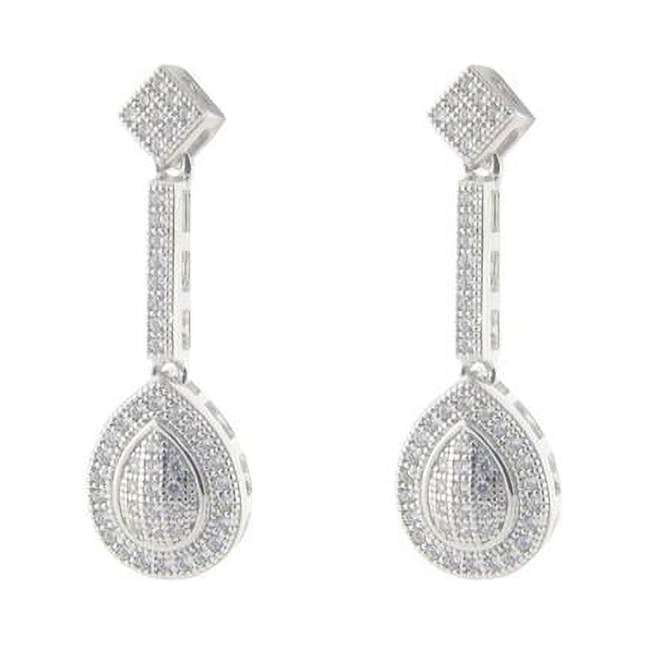 105132 Rhodium Plated Sterling Silver Micropave Triangle Bar Oval Drop Earrings