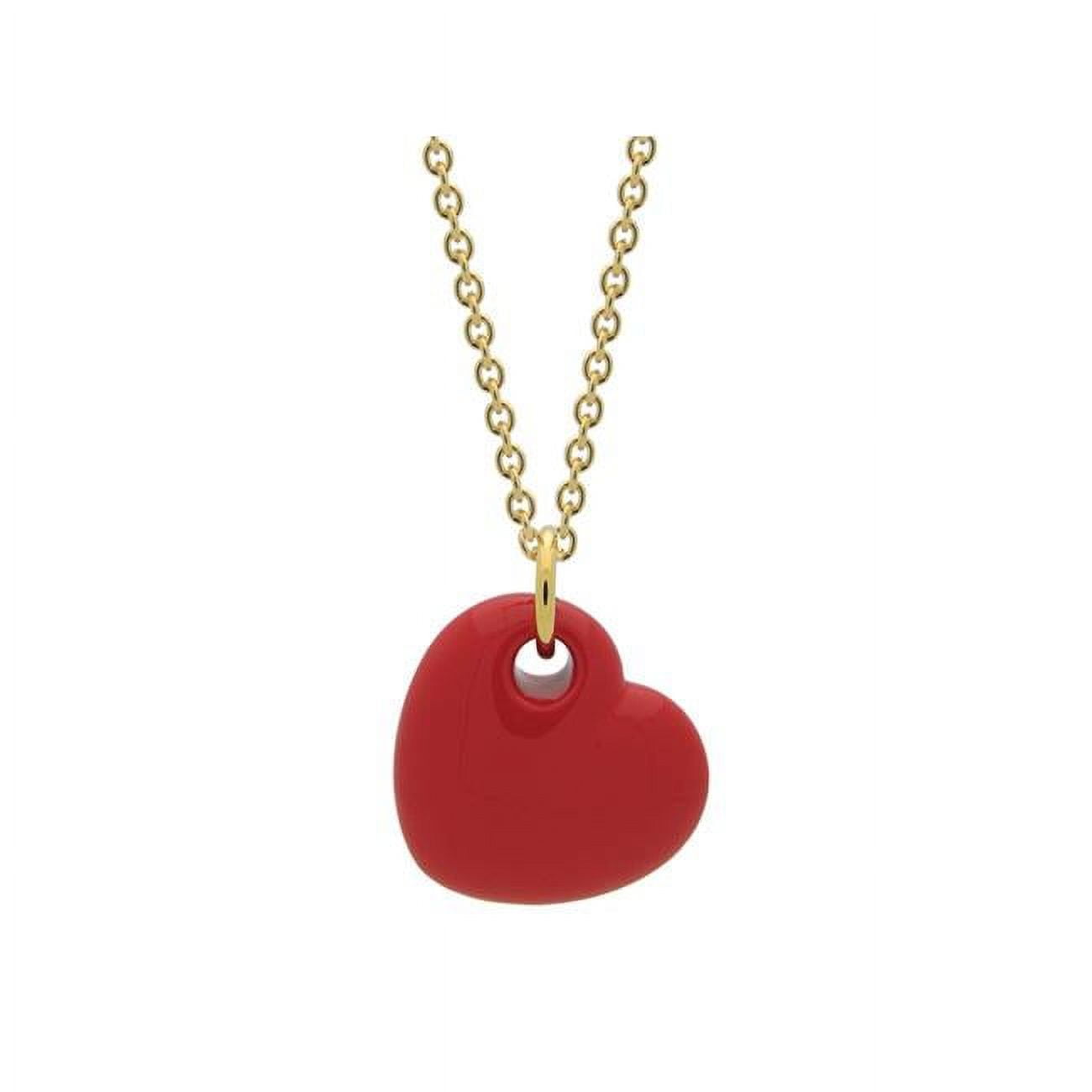 15 In. 18k Gold Plated Red Enamel Puffy Heart Necklace, 15 Inches