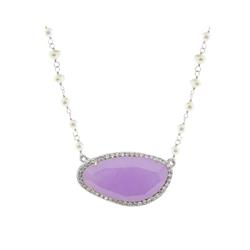 9p1109p Purple Jade Stone Slice & Mini Pearls Necklace In Sterling Silver