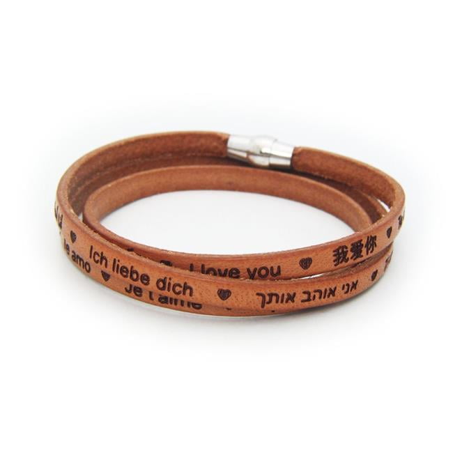 126143b I Love You Genuine Italian Leather Wrap Bracelet Engraved 23 Languages, 925 Silver - Tan