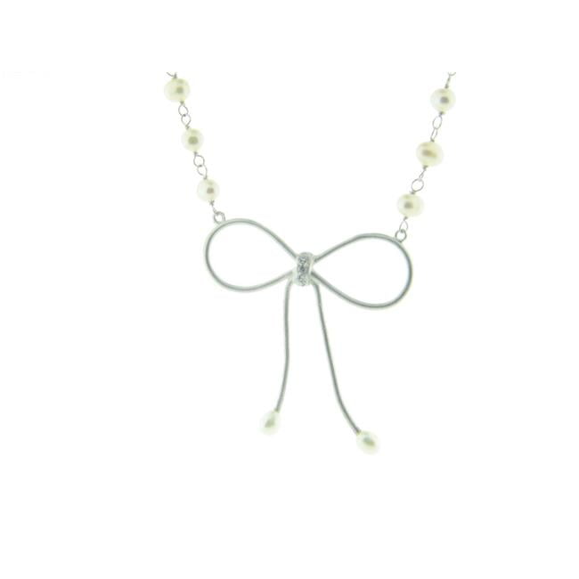 Bow Pendant Mini Pearl Necklace In Cubic Zirconia Sterling Silver