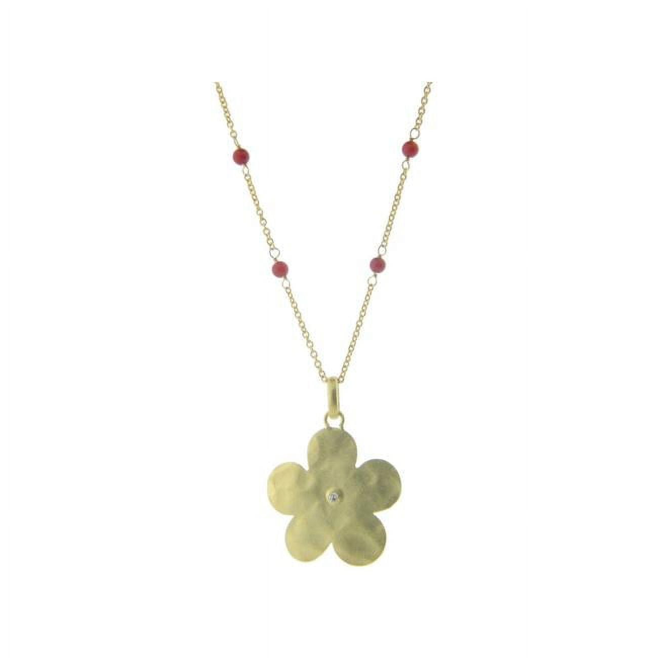 211362c 16 In. Hammered Gold Plated Sterling Silver Flower Of Life & Coral Stone Necklace