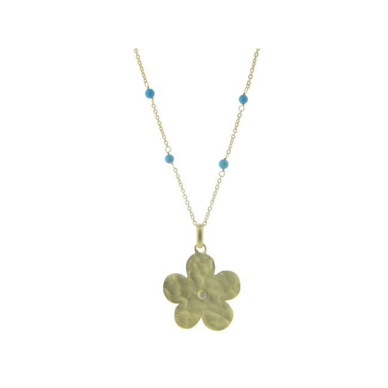 211362t 16 In. Hammered Gold Plated Sterling Silver Flower Of Life & Turquoise Stone Necklace
