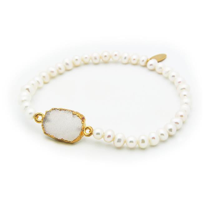 White Druzy Mini Fresh Water Pearls Elastic Bracelet In Sterling Silver