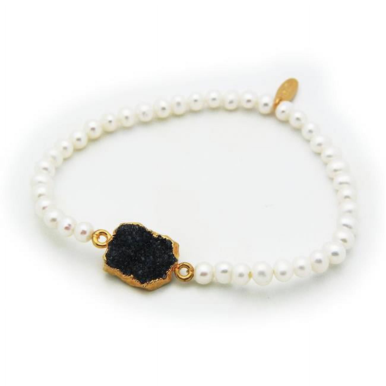 212148b Black Druzy Mini Fresh Water Pearls Elastic Bracelet In Sterling Silver
