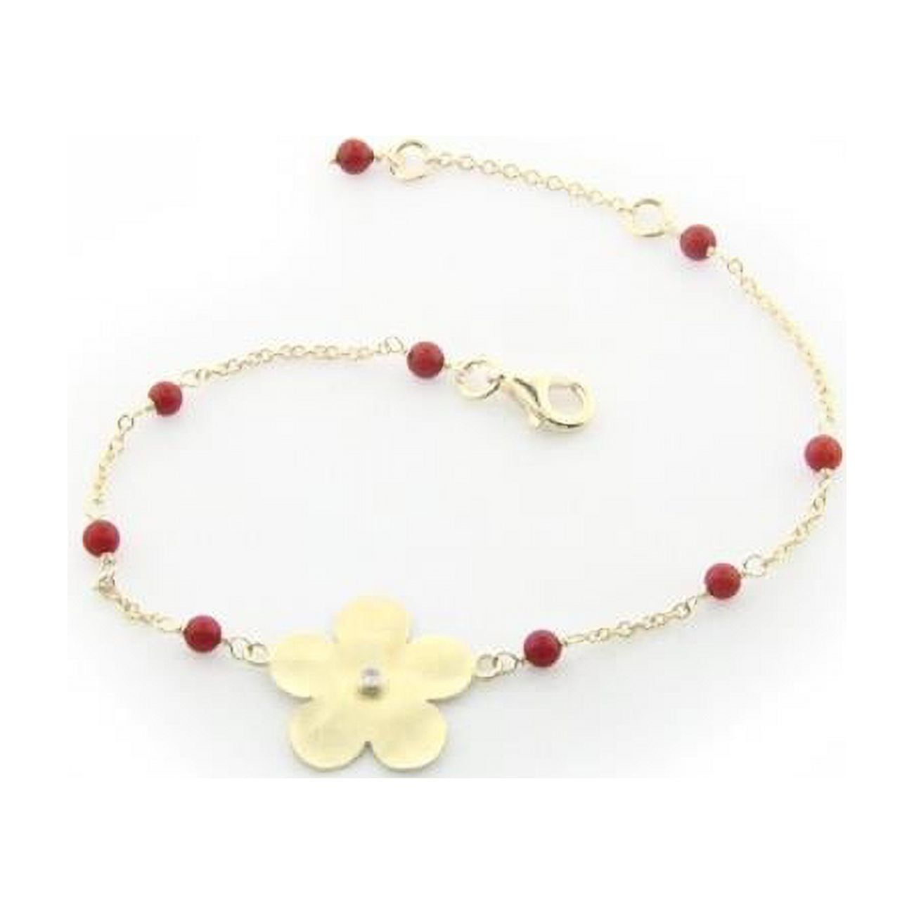212216c 7 In. Hammered Gold Plated Sterling Silver Flower Of Life & Coral Beads Chain Bracelet