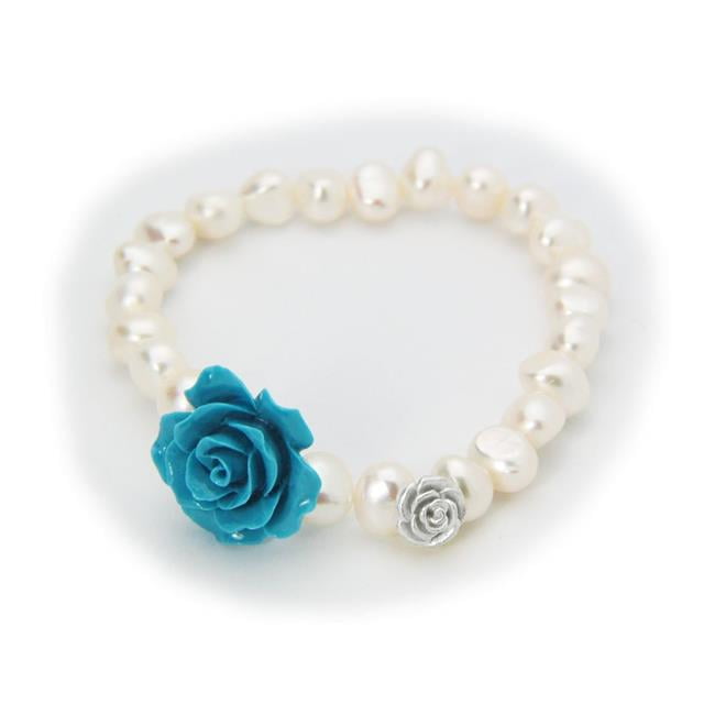 212292b Powder Blue Ceramic Rose Fresh Water Pearl Stretch Bracelet In Sterling Silver