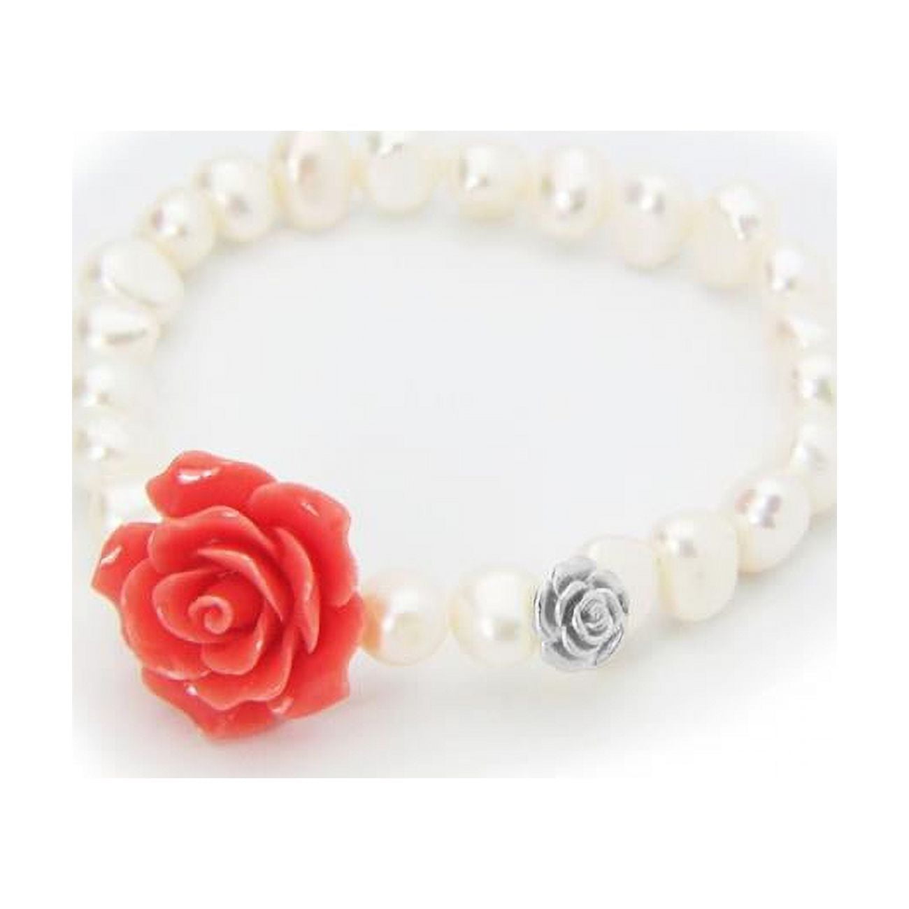 212292p Ceramic Pink Rose Fresh Water Pearl Stretch Bracelet In Sterling Silver