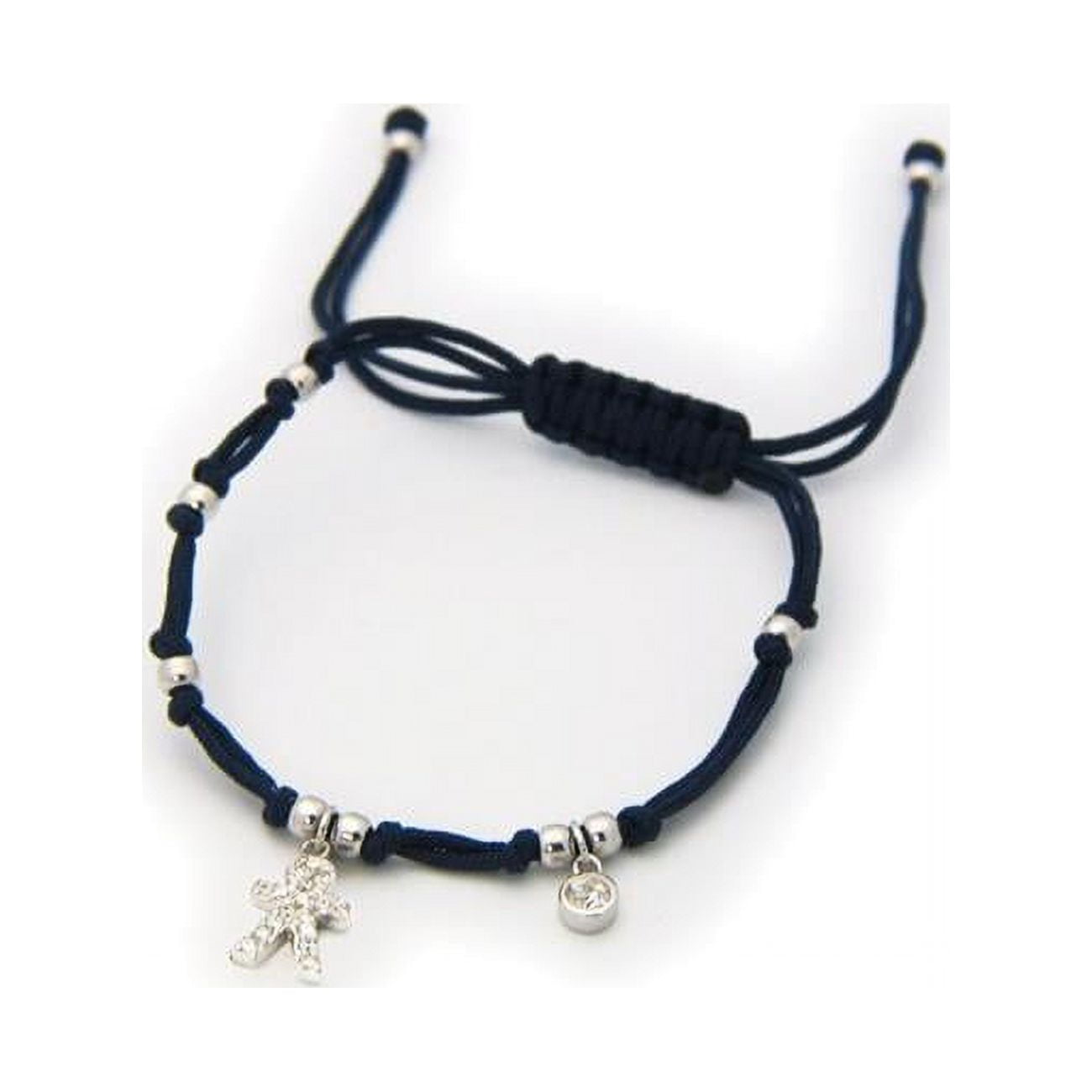 212310b Navy Blue Cord Boy Cubic Zirconia Charm Bracelet In Sterling Silver