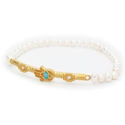 212399p Elastic Pearls & Hamsa Evil Eye Bar Bracelet In Vermeil