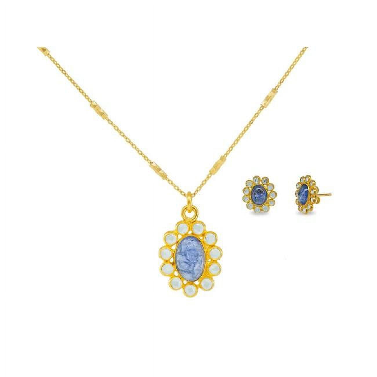 21a101b Blue Tanzanite, Crystals Pendant & Earrings Set In Gold Plated Sterling Silver