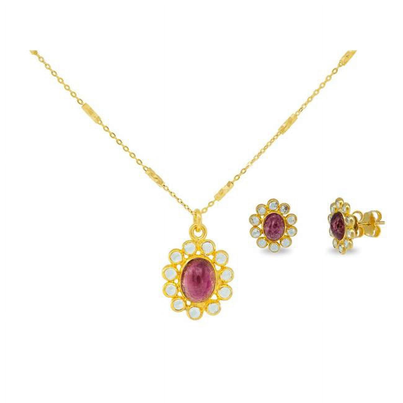21a101t Red Tourmaline, Crystals Pendant & Earrings Set In Gold Plated Sterling Silver