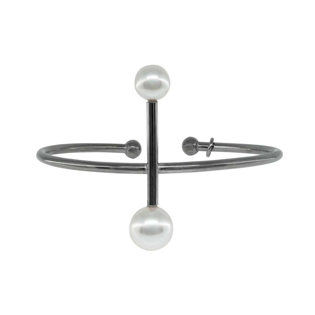 326148b Swarovski Pearl Cross Bar Bangle Bracelet In Black Plated Sterling Silver