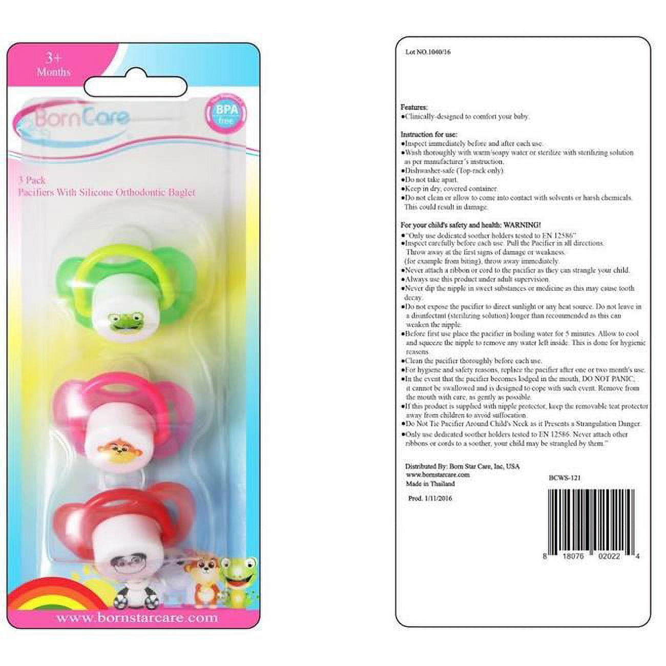 Bcws-121 3 Months Plus, Pacifiers Printed With Silicone Orthodontic Baglet - 3 Pack