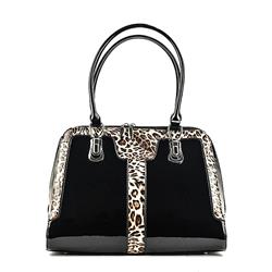 Bh52-7573bk Diana With Leopard Print Leather Classic Handbag, Black