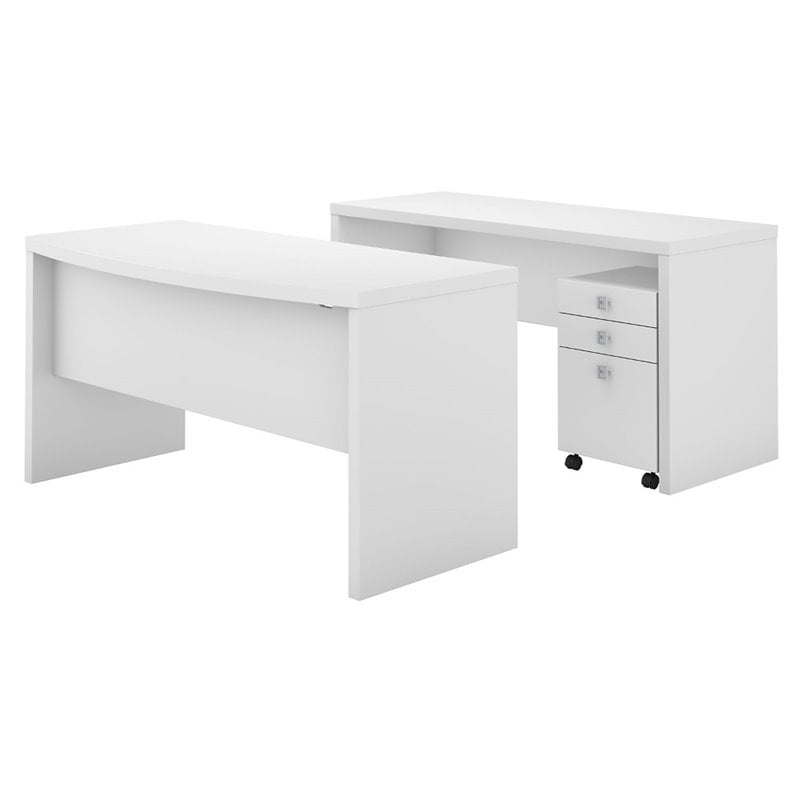 Ech010pw Echo Bow Front Desk & Credenza With Mobile File Cabinet - Pure White