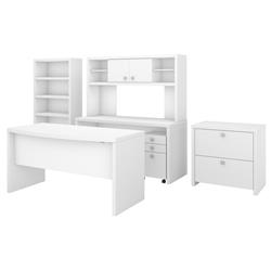 Ech029pw Echo Bow Front Desk, Credenza With Hutch, Bookcase & File Cabinets - Pure White