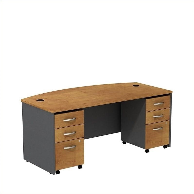 Src013ncsu Series C Bow Front Desk With 3 Drawer Mobile Pedestals - Natural Cherry