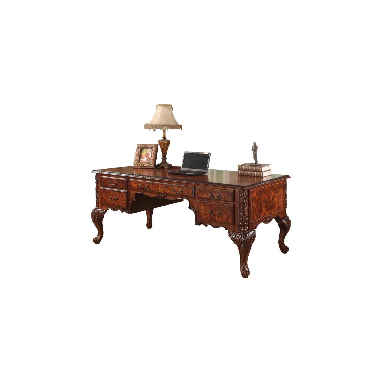 Cd120 Executive Traditional Office Desk With Hand Carved Designs, Walnut
