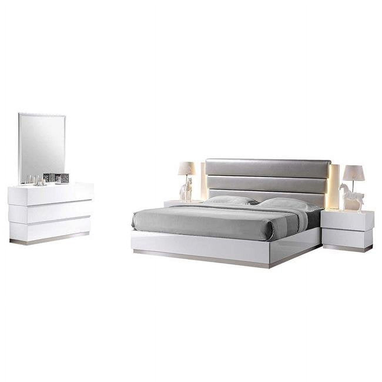 Florence Eastern King 5 Pcs Florence White Lacquer & Gray Leather Headboard King Bed Set
