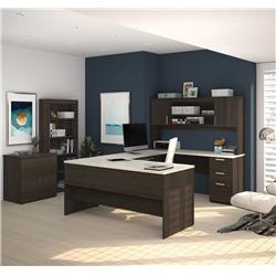 Bestar 52850-31 Ridgeley U-shaped Desk With Lateral File & Bookcase, Dark Chocolate & White Chocolate