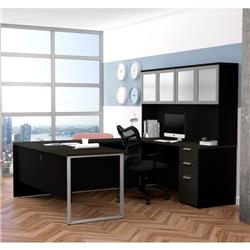 Bestar 110890-32 Pro-concept Plus U-desk With Frosted Glass Door Hutch, Deep Grey & Black