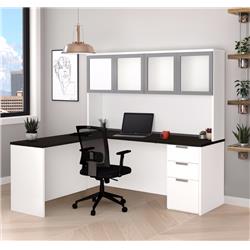 Bestar 110887-17 Pro-concept Plus L-desk With Frosted Glass Door Hutch, White & Deep Grey