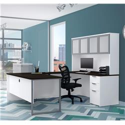 Bestar 110890-17 Pro-concept Plus U-desk With Frosted Glass Door Hutch, White & Deep Grey