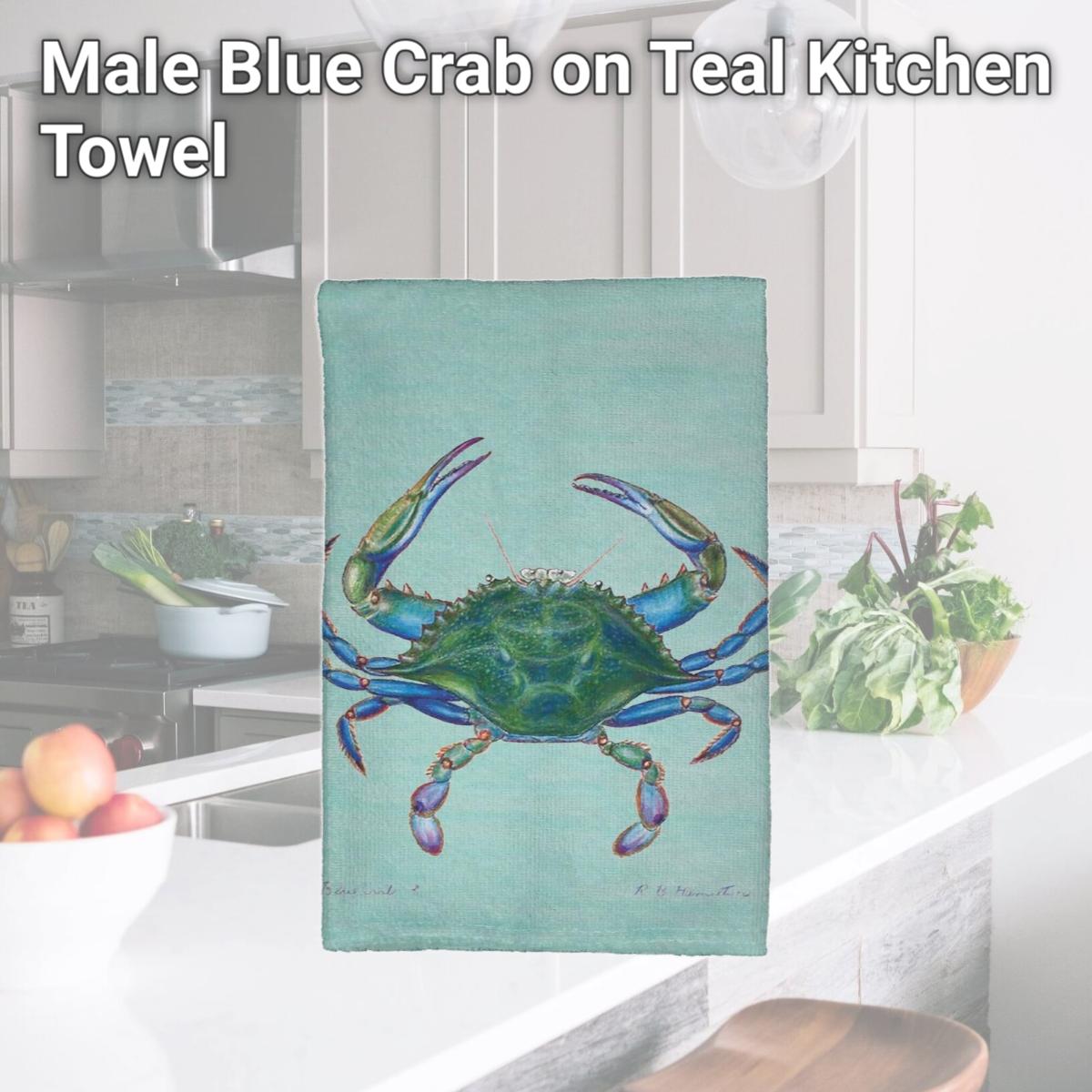 Picture of Betsy Drake KT005C Male Blue Crab on Teal Kitchen Towel