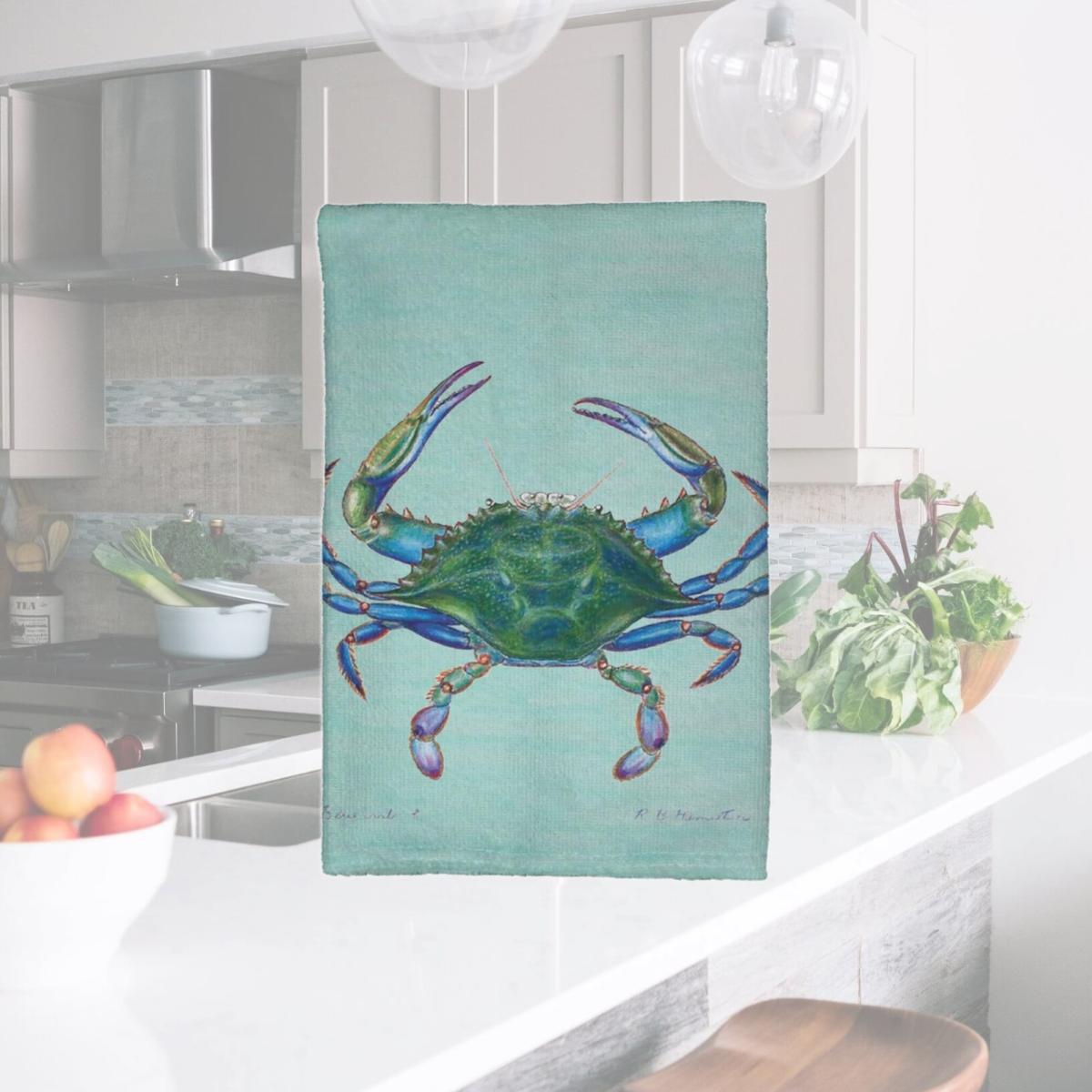 Picture of Betsy Drake KT005C Male Blue Crab on Teal Kitchen Towel