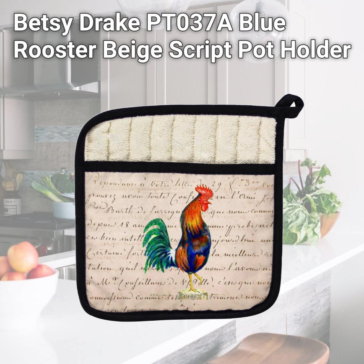Picture of Betsy Drake PT037A Blue Rooster Beige Script Pot Holder