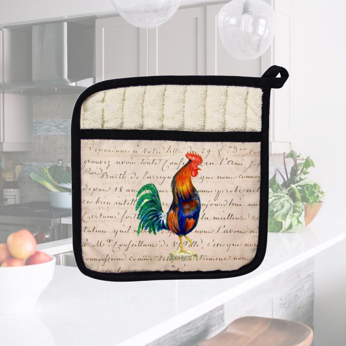 Picture of Betsy Drake PT037A Blue Rooster Beige Script Pot Holder