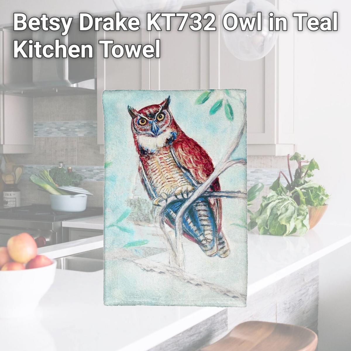 Picture of Betsy Drake KT732 Owl in Teal Kitchen Towel