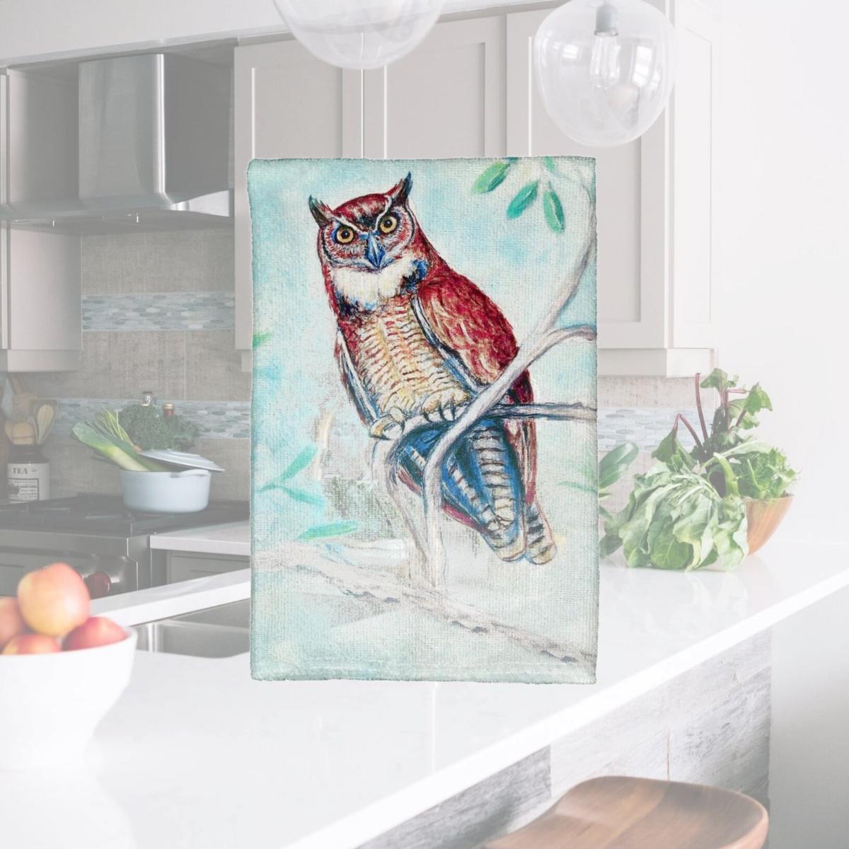 Picture of Betsy Drake KT732 Owl in Teal Kitchen Towel