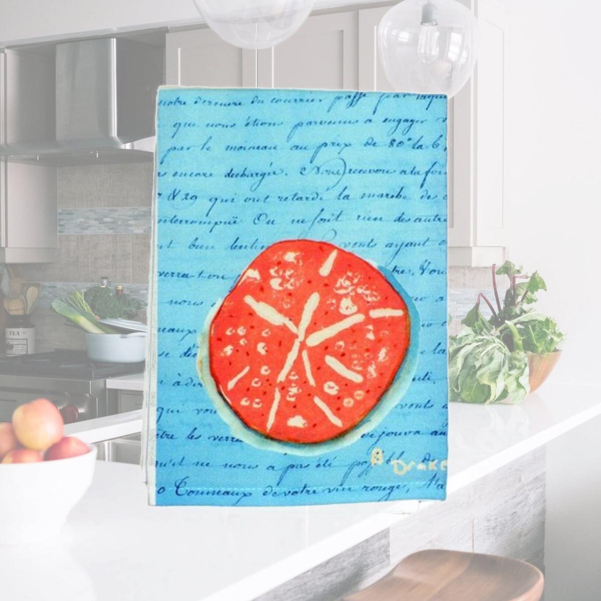 Picture of Betsy Drake GT092B Coral Sand Dollar Blue Script Guest Towel