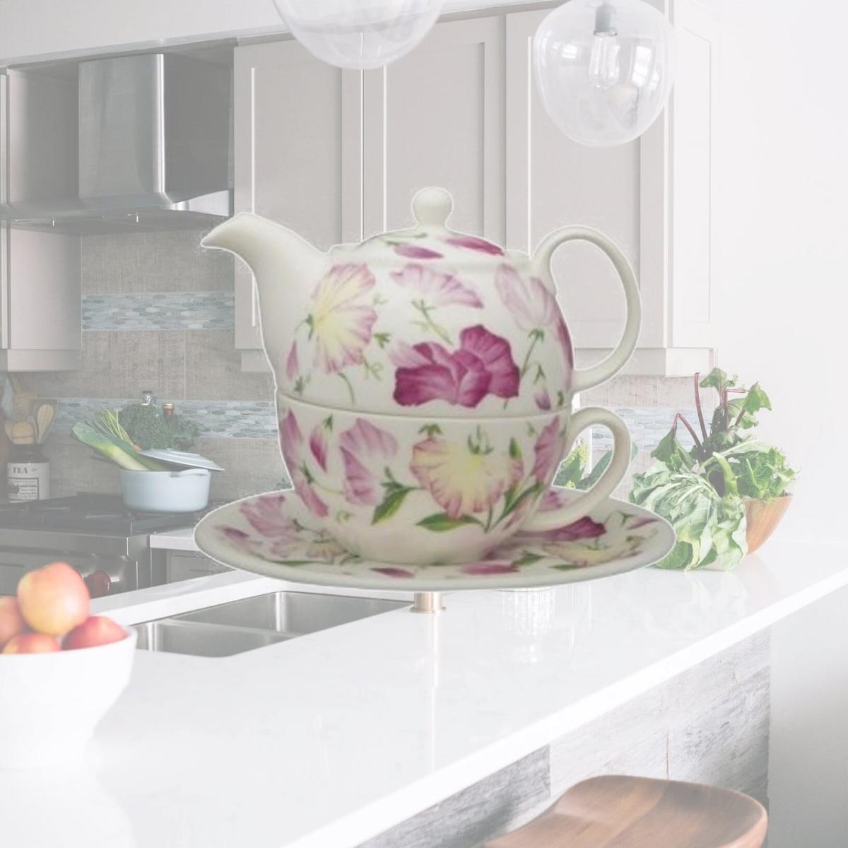 Picture of Roy Kirkham ER3019 90 mm Sweet Pea Tea for One Teapot with Tea Cup & Saucer, Multi Color