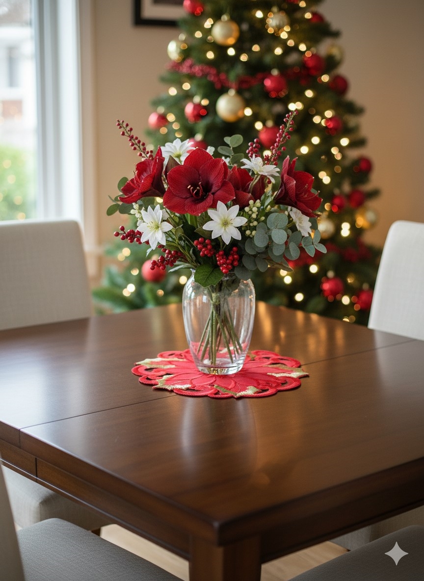 Picture of Jiallo 9251/12RD Poinsettia and Green Leaf Embroidered Cutwork Round Placemat, 12-Inch diameter
