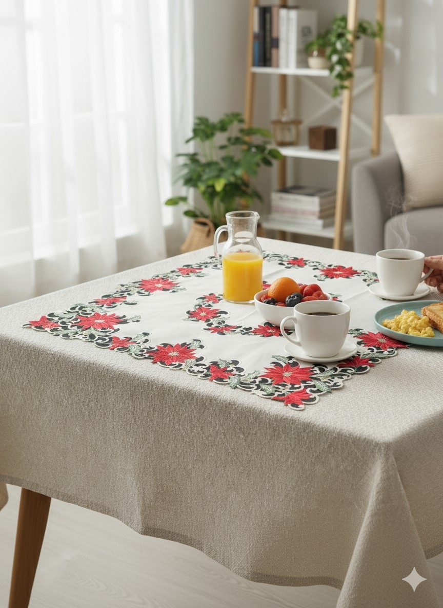 Picture of Jiallo 7795/44SQ Christmas Poinsettia Embroidered Cutwork Square Tablecloth, 44  inch square
