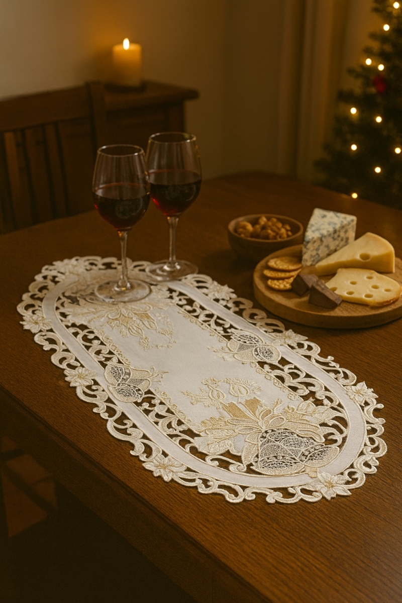 Picture of Jiallo 8675/E/12x18 Christmas Candle Beige Lace Embroidered Cutwork Placemat, 12 by 17 inch