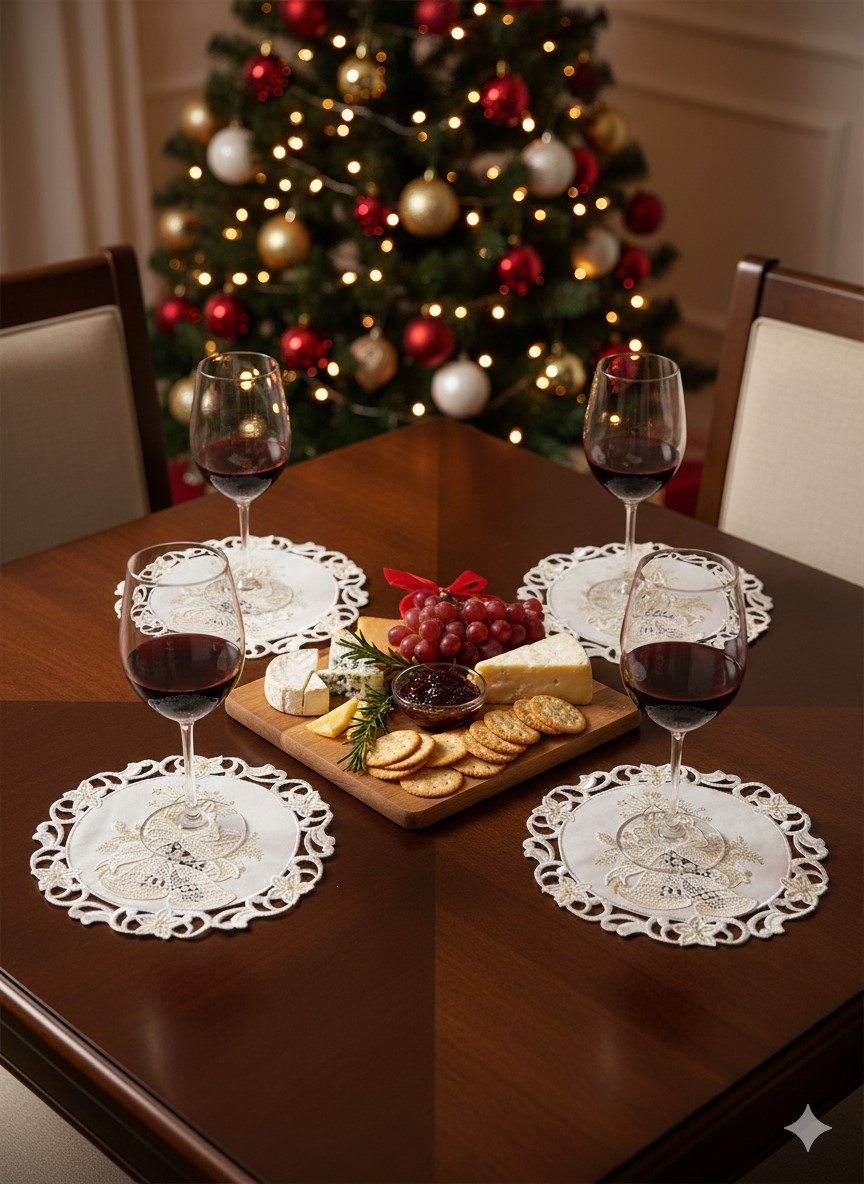 Picture of Jiallo 8675/E/8RD Christmas Candle Beige Lace Embroidered Cutwork Round Placemat, 8-Inch diameter