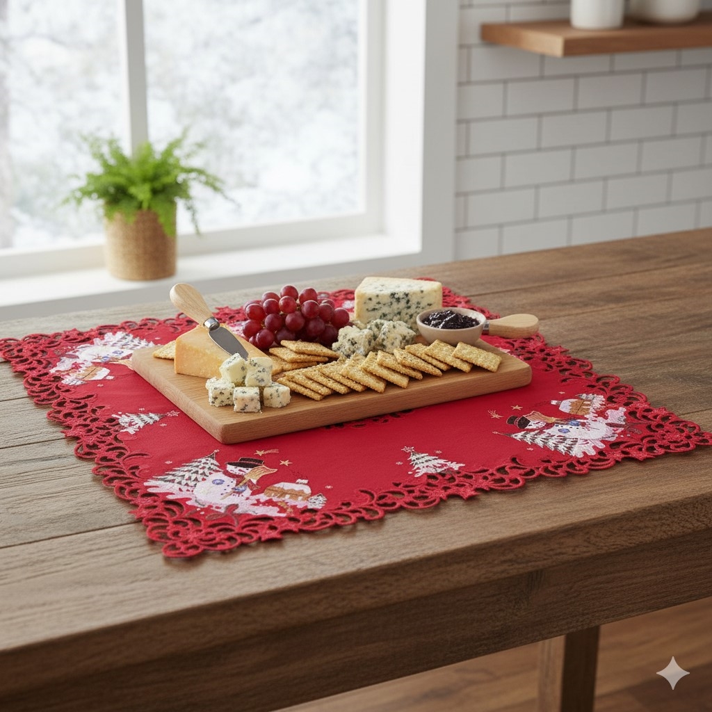 Picture of Jiallo 8058/44SQ Snow Man Embroidered Cutwork Square Tablecloth, 44  inch square