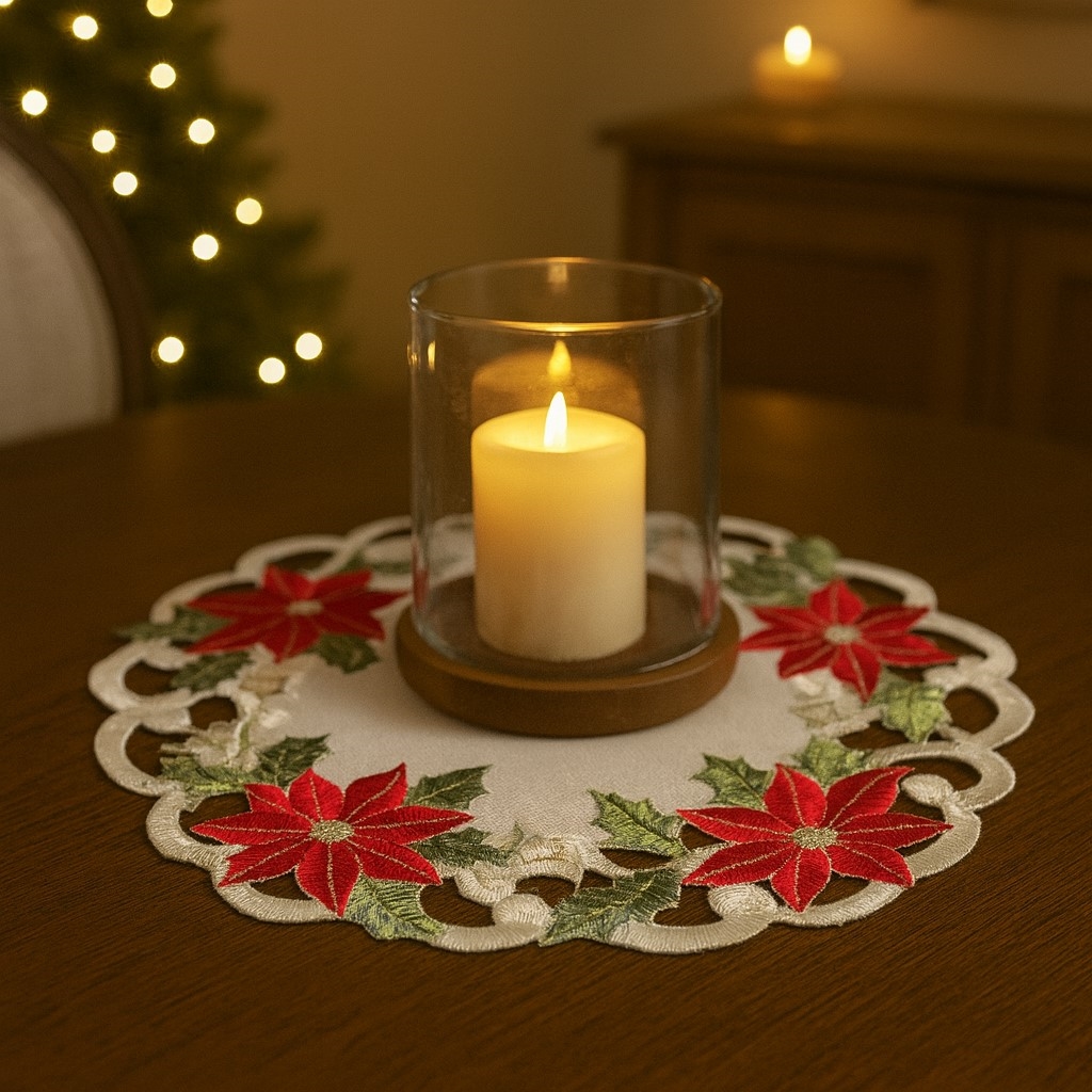 Picture of Jiallo 7795/24RD Christmas Poinsettia Embroidered Cutwork Round Placemat, 23-Inch diameter